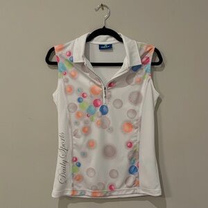 Daily Sports White Sleeveless Polo Tank with Multicolor Bubble Print